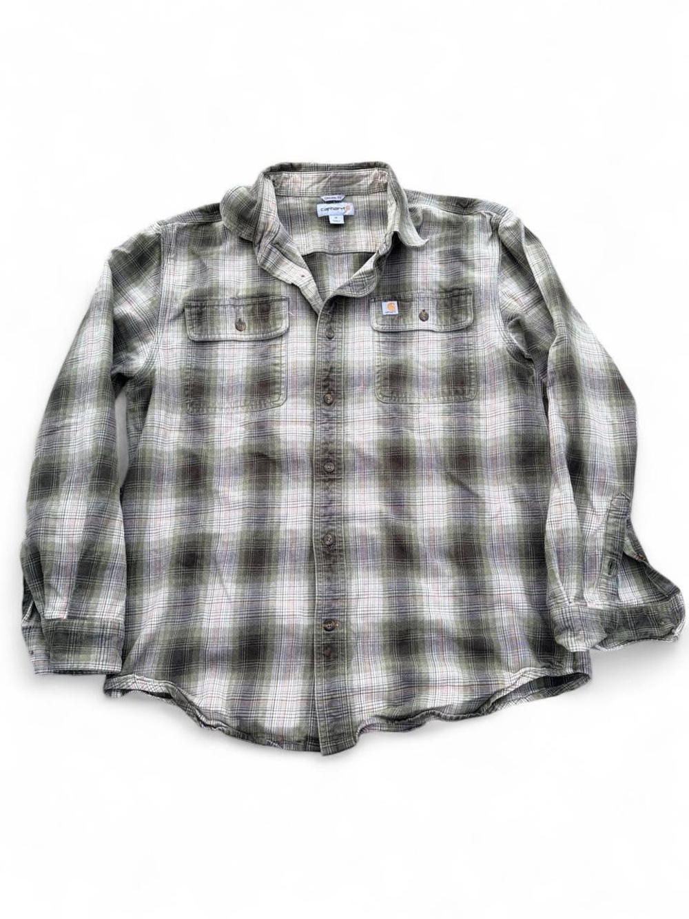 Carhartt Men's Olive Green and White Plaid Button-Down Shirt